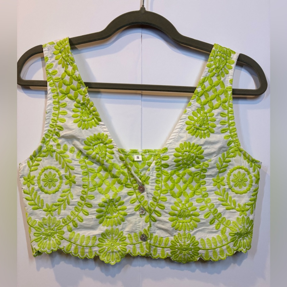SHEIN Embroidered Crop Top/Bralette White Green Floral Boho Button Front Small